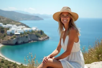 Femme souriante en robe légère face à la mer d'Aegean