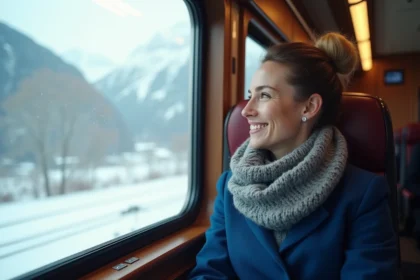 Femme souriante dans un train avec vue sur Alpes enneigés