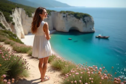 Jeune femme souriante sur la falaise à Zakynthos