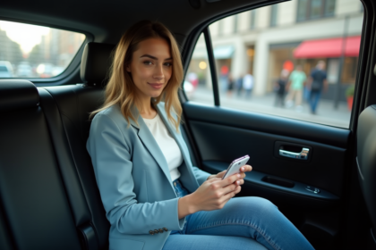 Femme dans un taxi vérifiant la carte d'identité du chauffeur