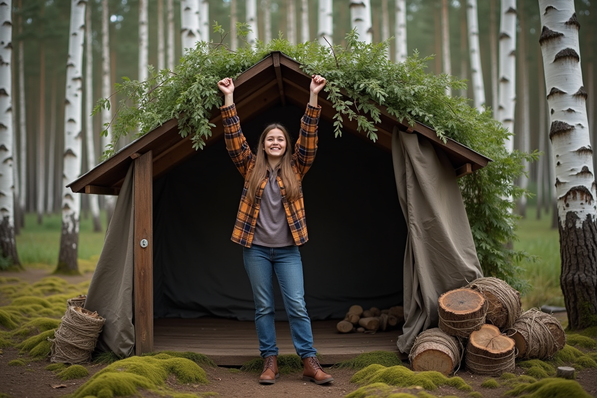 Jeune femme posant des branches sur le toit d
