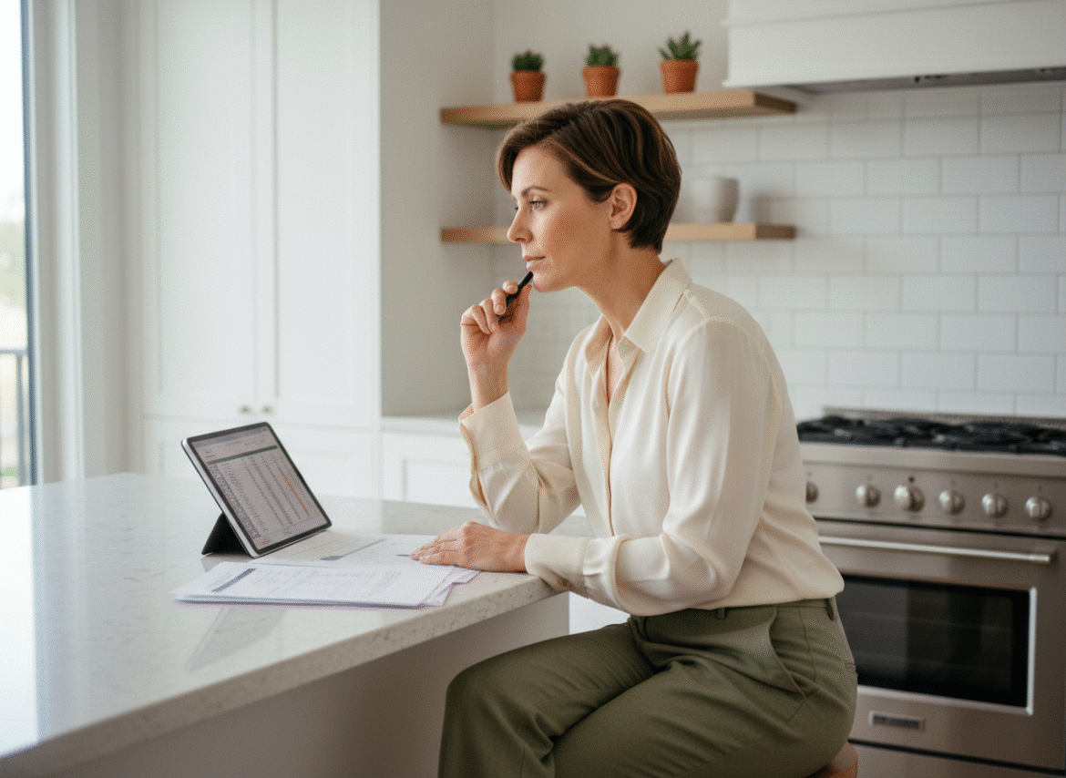 Femme en cuisine comparant documents sur tablette