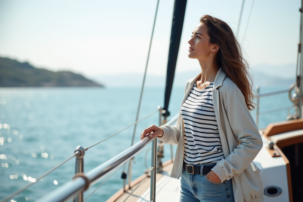 Femme regardant l'horizon sur un voilier en mer