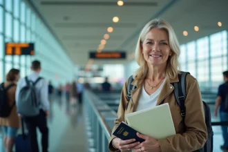 Femme voyageant à l'aéroport avec passeport et dossier médical