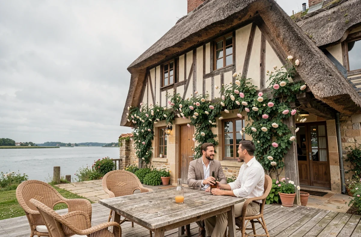 Façade en colombages de la Ferme Saint-Siméon avec couple sur la terrasse en bois rustique