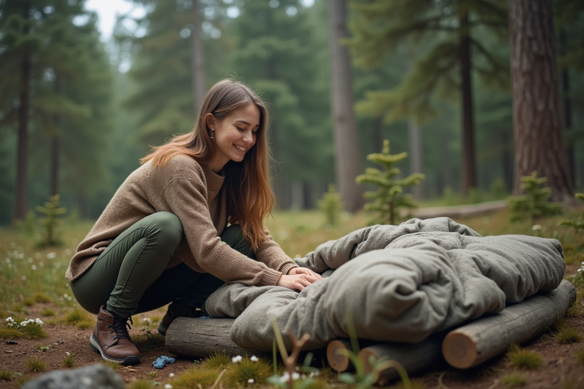 Jeune femme arrangeant un sac de couchage en forêt