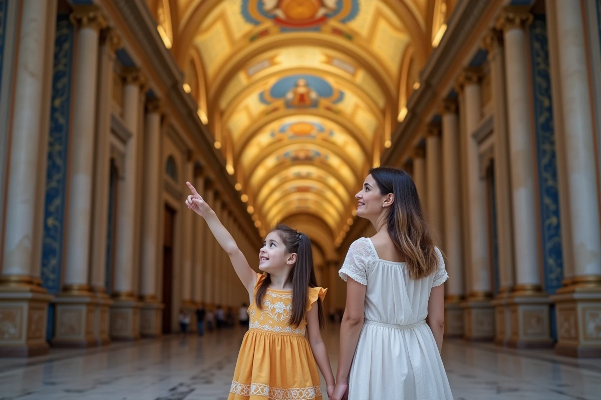 Fille pointant vers la mosaïque dorée de la cathédrale