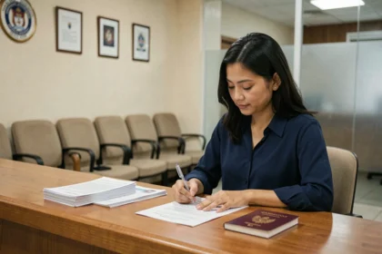 Femme remplissant un formulaire de demande de visa à l'ambassade d'Indonésie
