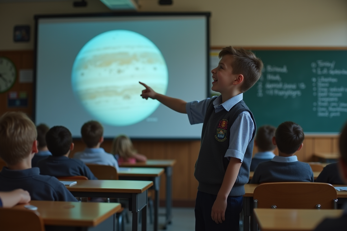 Garçon en classe pointant une image de planète découverte