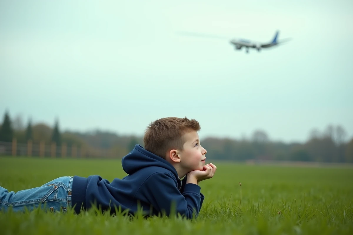 Garçon allongé dans l'herbe regardant un avion passer dans le ciel avec émerveillement