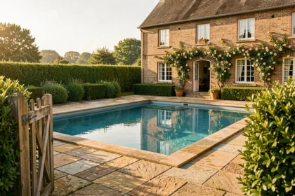 Gîte avec piscine privée dans le Nord-Pas-de-Calais entouré d'un jardin verdoyant et d'une terrasse en pierre