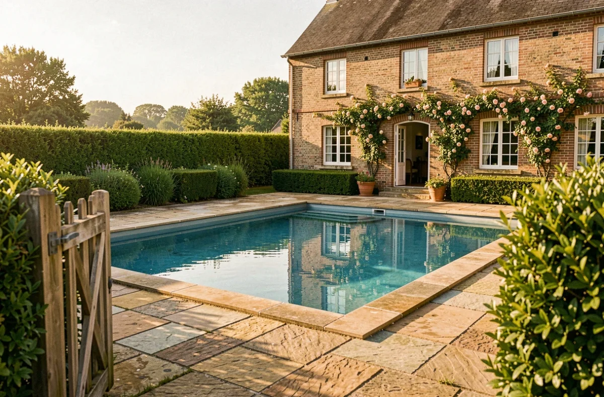 Gîte avec piscine privée dans le Nord-Pas-de-Calais entouré d'un jardin verdoyant et d'une terrasse en pierre