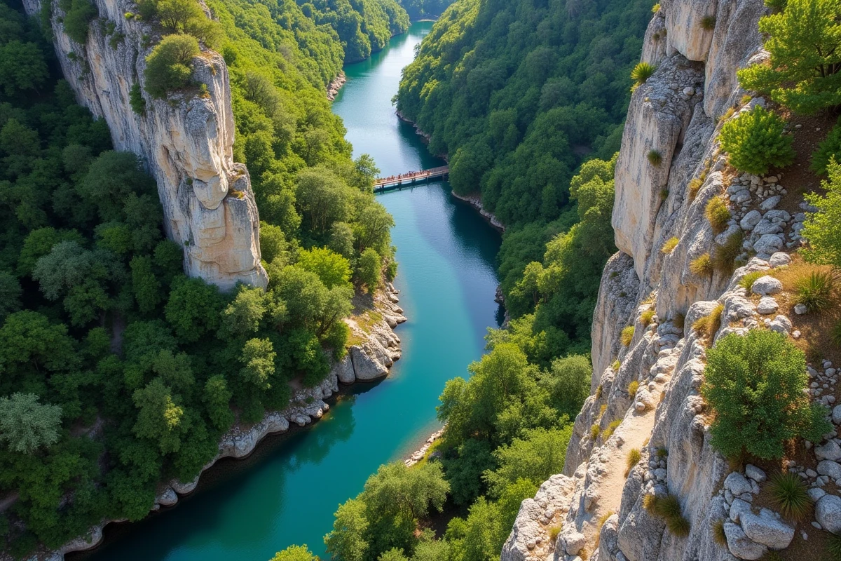 Vue plongeante sur les gorges de la Vis avec la rivière turquoise serpentant entre les falaises calcaires