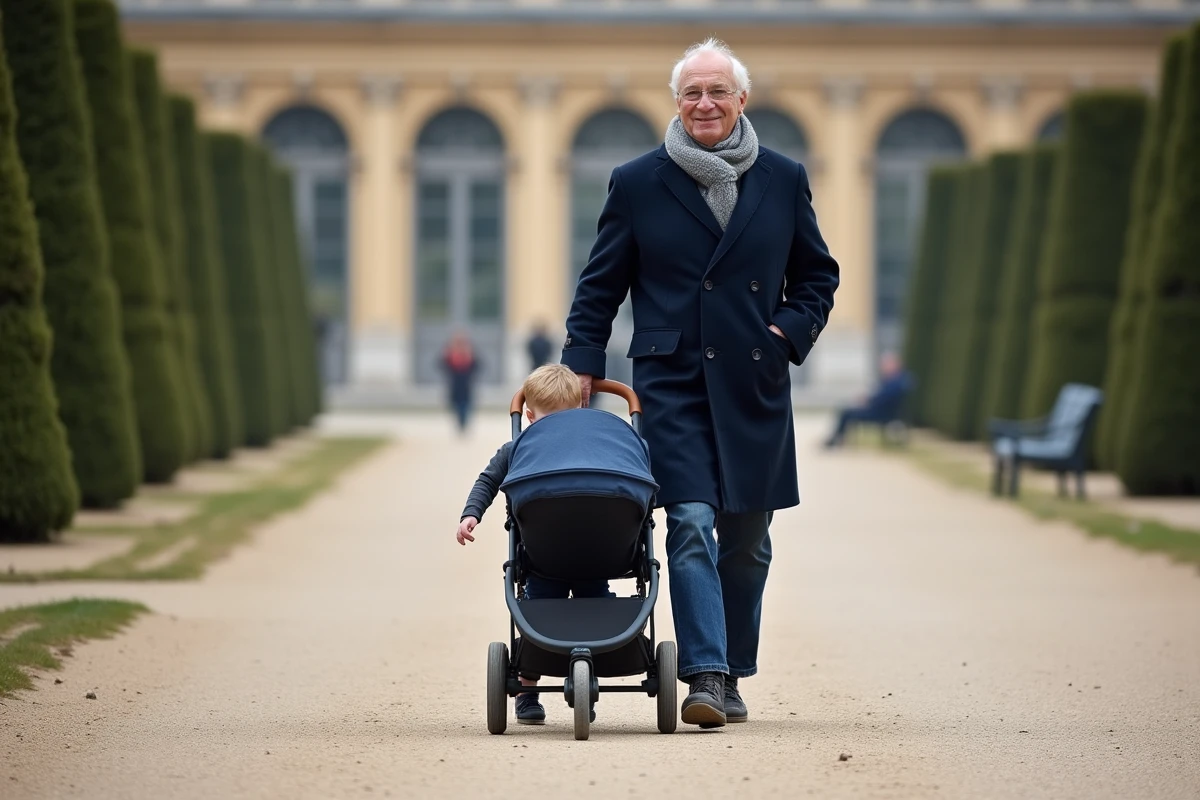 Grand-père promenant son petit-enfant en poussette dans les Jardins du Palais-Royal, allée accessible et plate au cœur de Paris