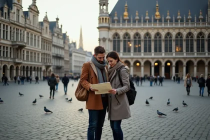 Couple de touristes consultant une carte sur la Grand-Place de Bruxelles entourée d'architecture gothique