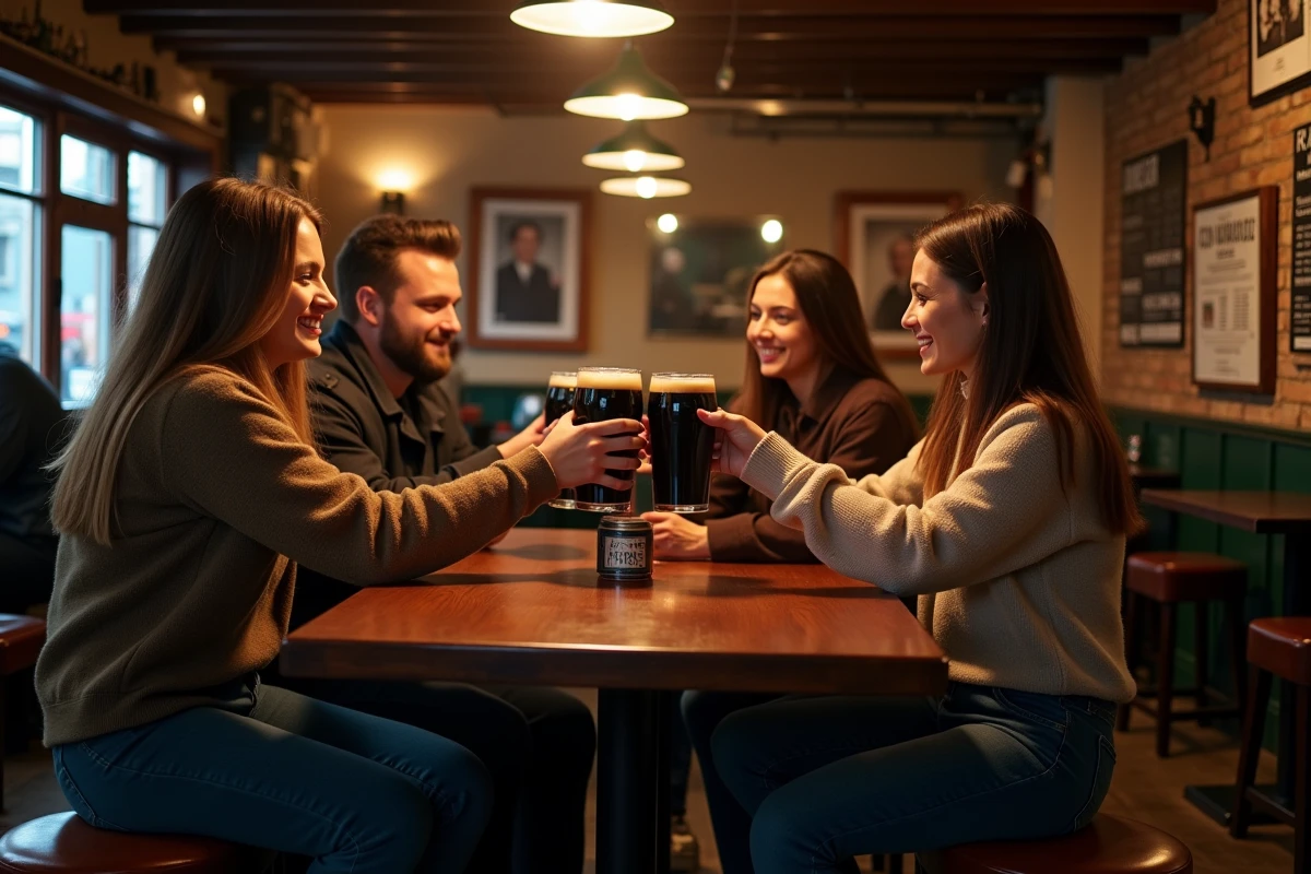 Groupe d'amis portant un toast dans un pub irlandais traditionnel à Dublin