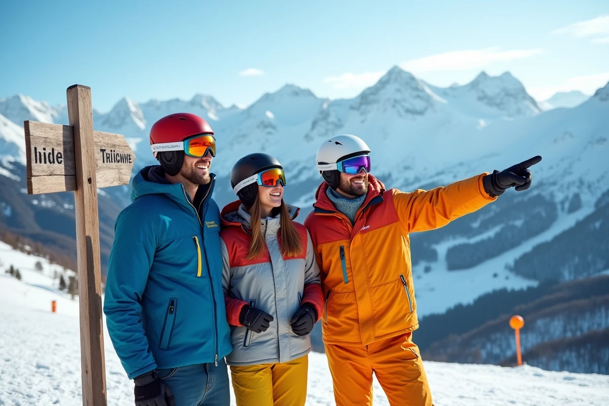 Groupe d'amis en tenue de ski au sommet d'une station de ski accessible depuis Paris