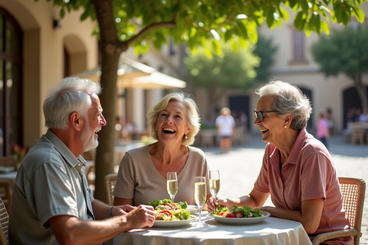 Groupe de seniors en vacances déjeunant ensemble à la terrasse d'un café de village provençal, dans une ambiance conviviale et reposante