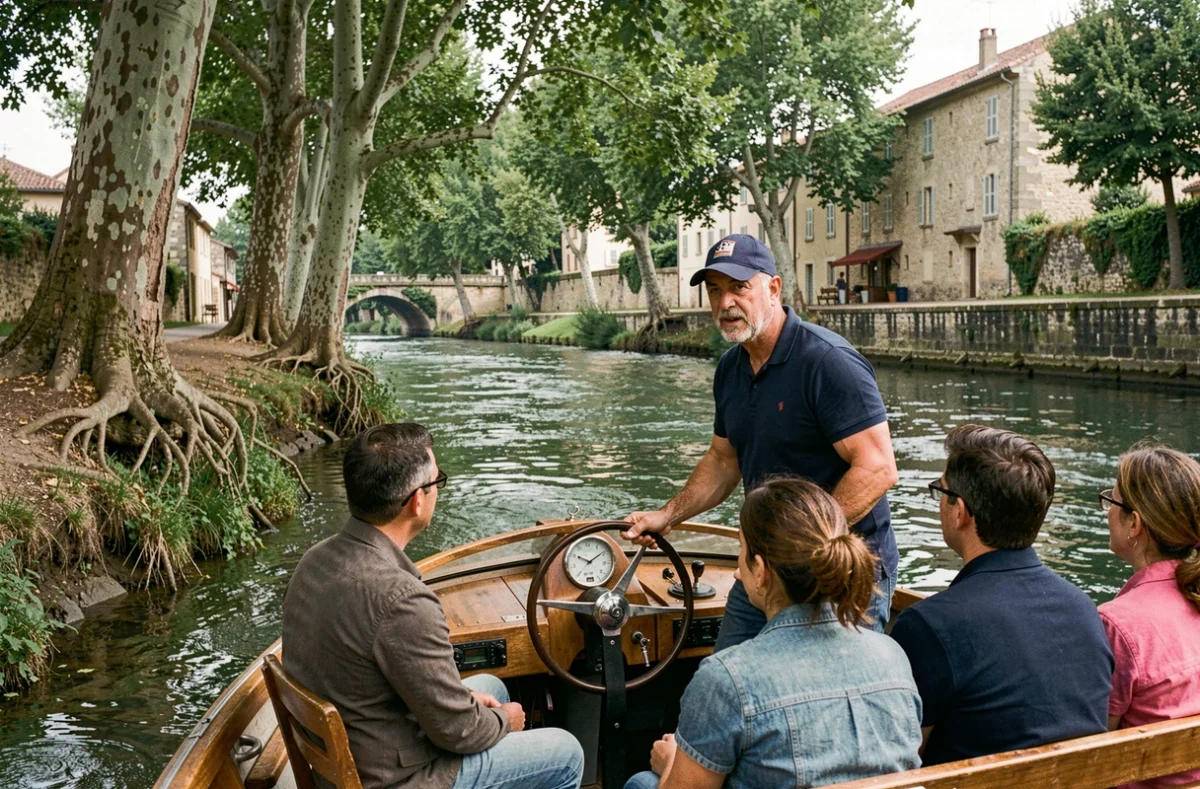 Guide fluvial animant une croisière touristique sur le Tarn à Albi