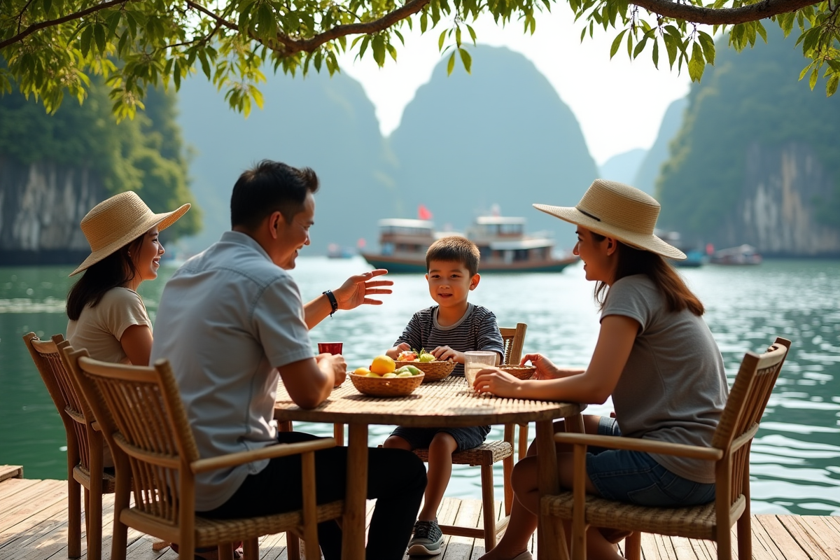 Guide vietnamien avec famille sur plateforme flottante