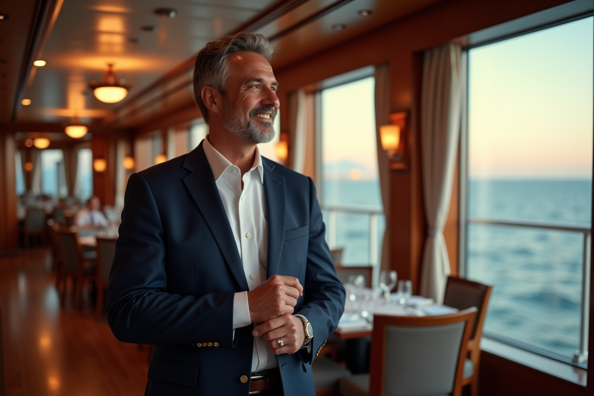 Homme ajustant ses manchettes dans un salon de croisière