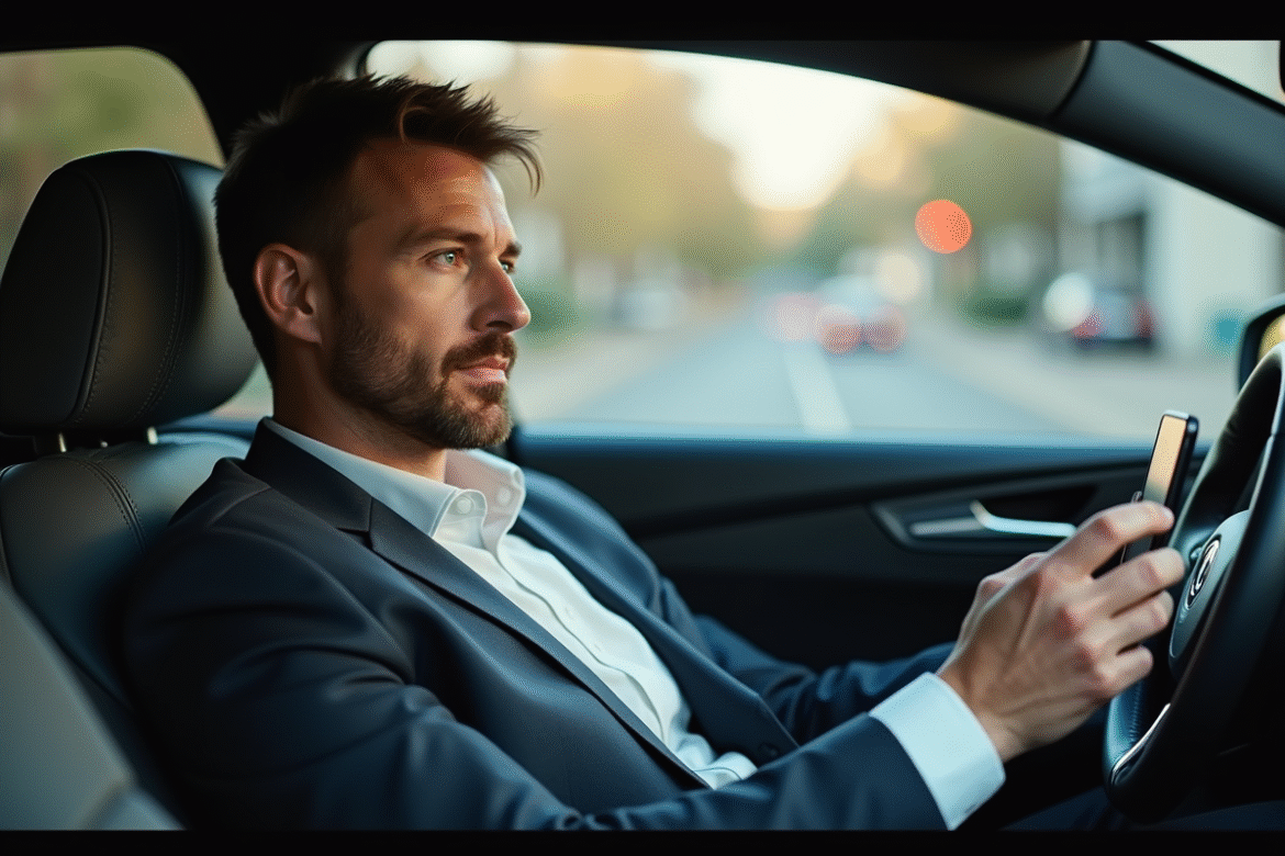 Homme d'affaires dans une voiture VTC moderne en ville