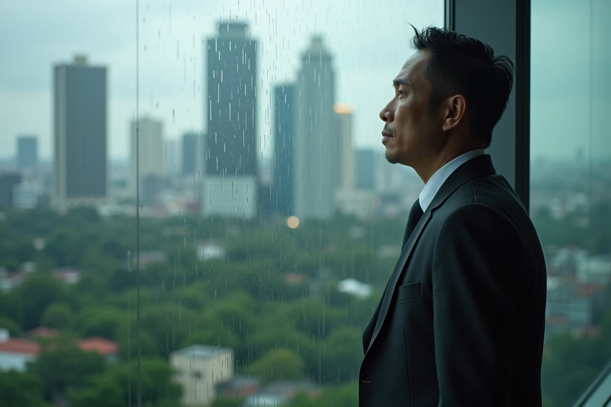 Homme d affaires regardant la ville de Manille sous la pluie