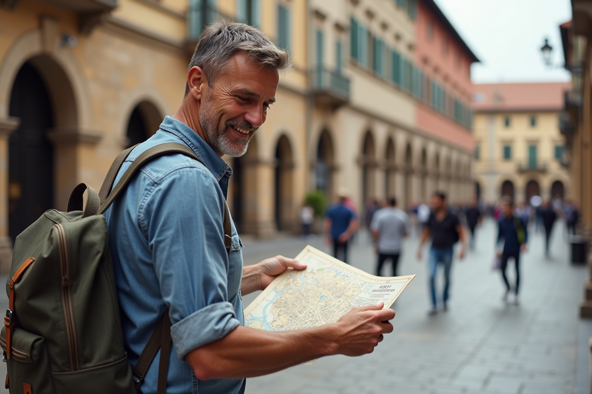 Homme étudiant une carte dans une vieille ville animée