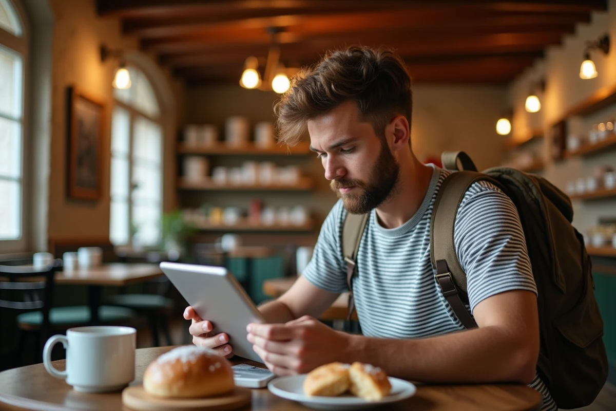 Jeune homme lisant tablette dans café basque chaleureux