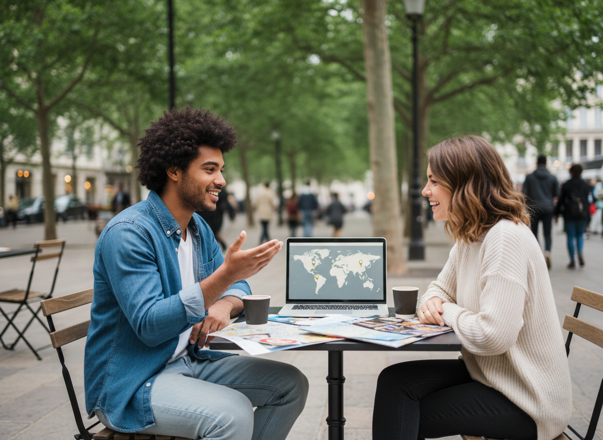 Homme discutant au café avec femme et ordinateur