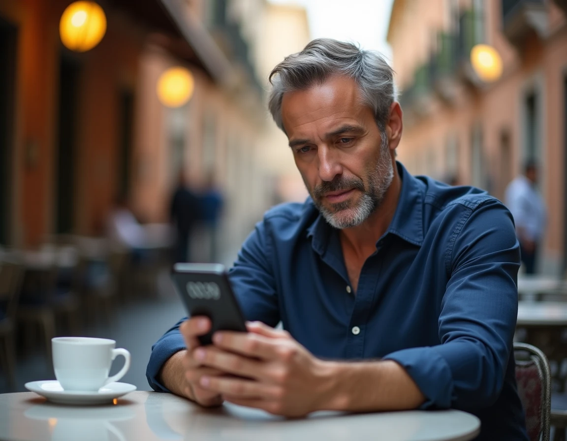 Homme composant un numéro international avec l'indicatif 0039 depuis un café en Italie