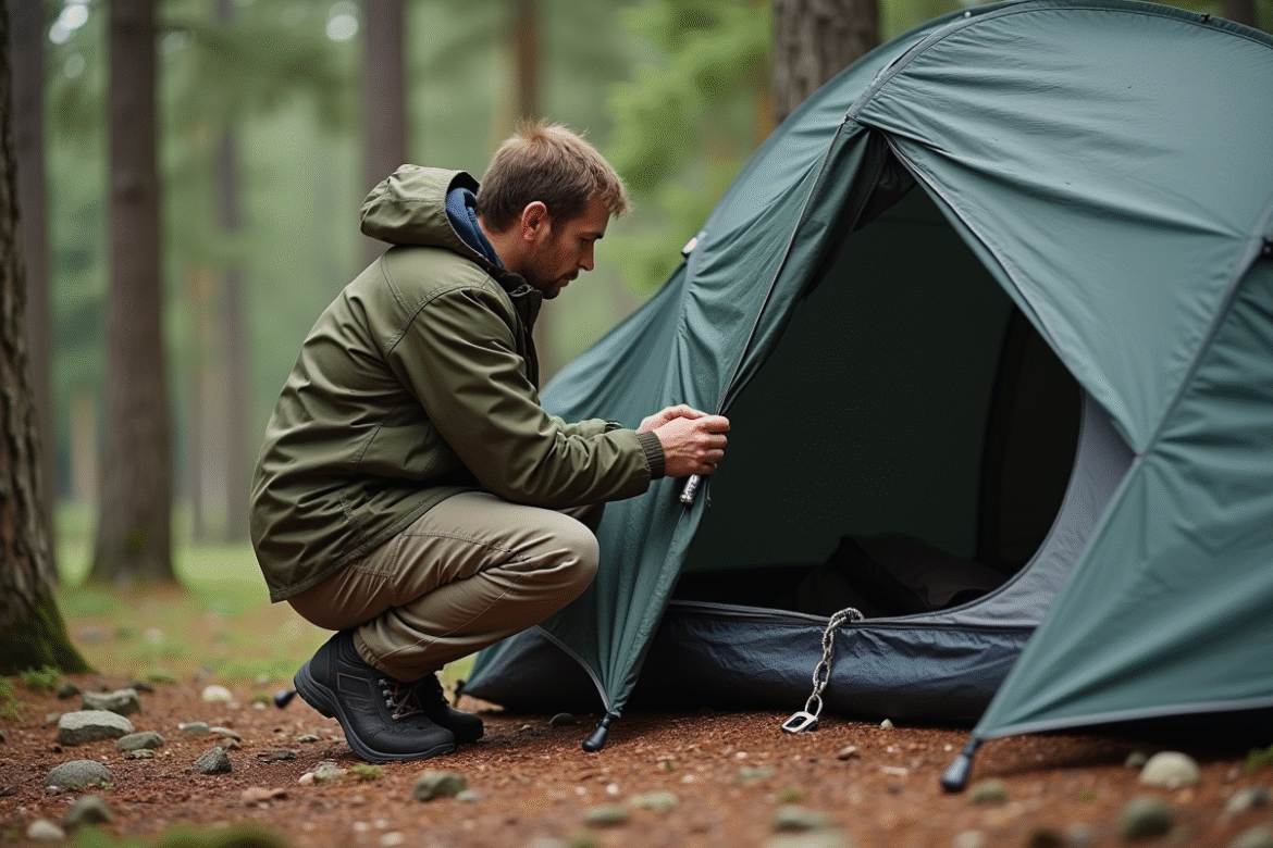 Homme sécurisant une tente en forêt avec un cadenas robuste