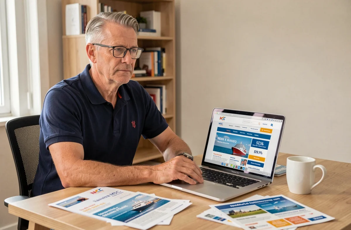Homme comparant les offres promotionnelles de croisières MSC sur un ordinateur portable à son bureau