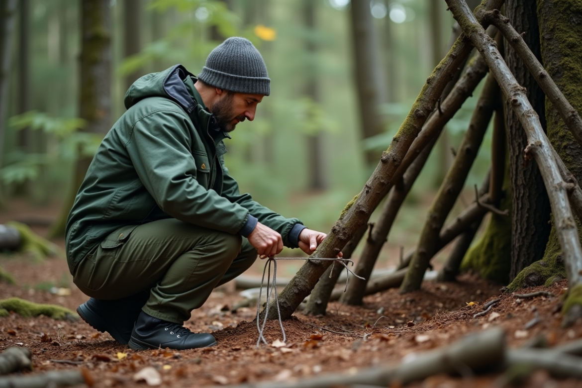 Homme en vêtements verts construisant un abri en forêt