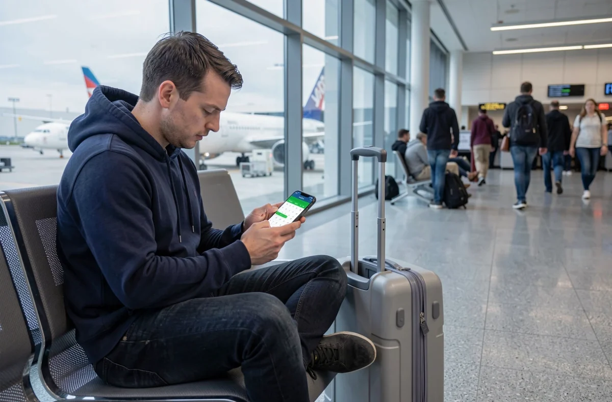 Homme consultant Google Flights sur son téléphone dans un terminal d'aéroport