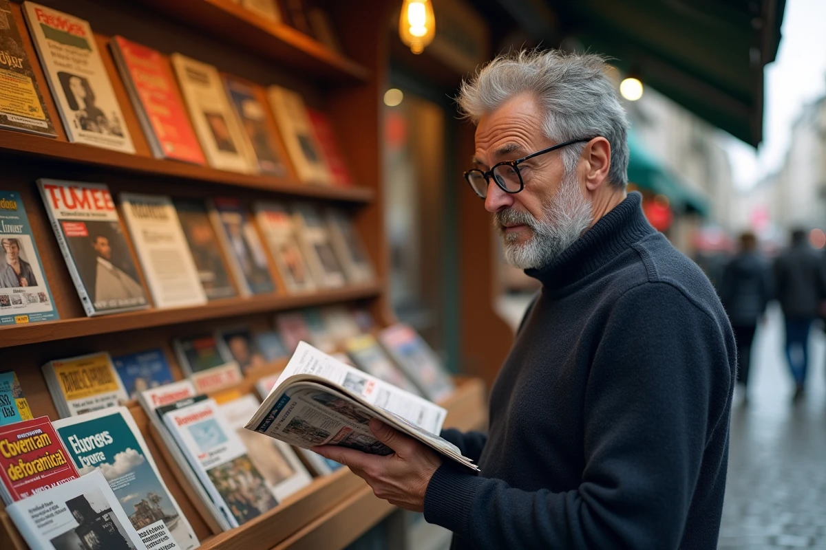 Homme consultant des magazines culturels à un kiosque parisien en automne, ambiance éditoriale urbaine