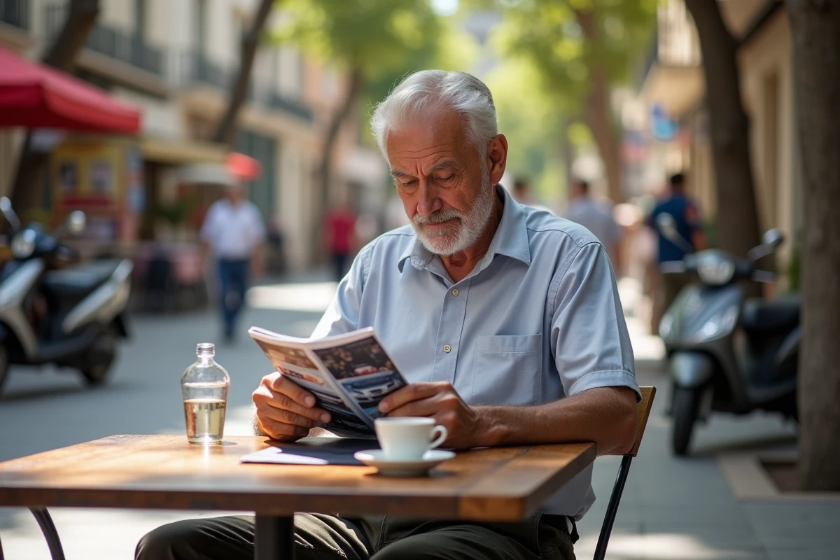 Homme âgé lisant une brochure de location de voiture à Palermo