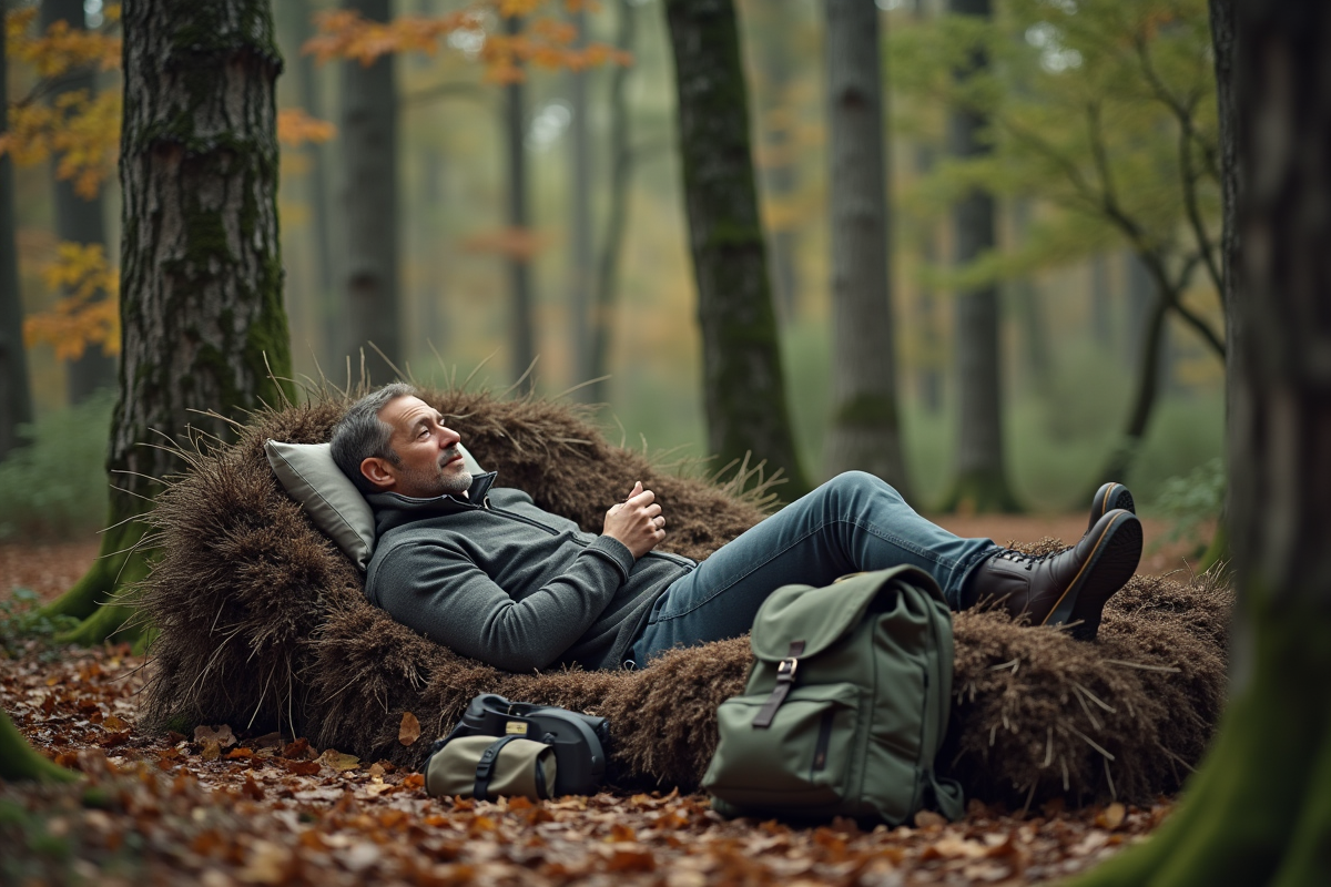 Homme allongé sur un lit de branches en forêt