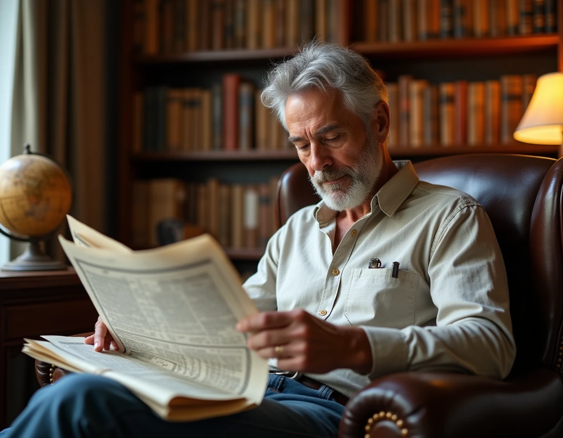 Homme âgé complétant des mots fléchés dans un fauteuil en cuir entouré de bibliothèques