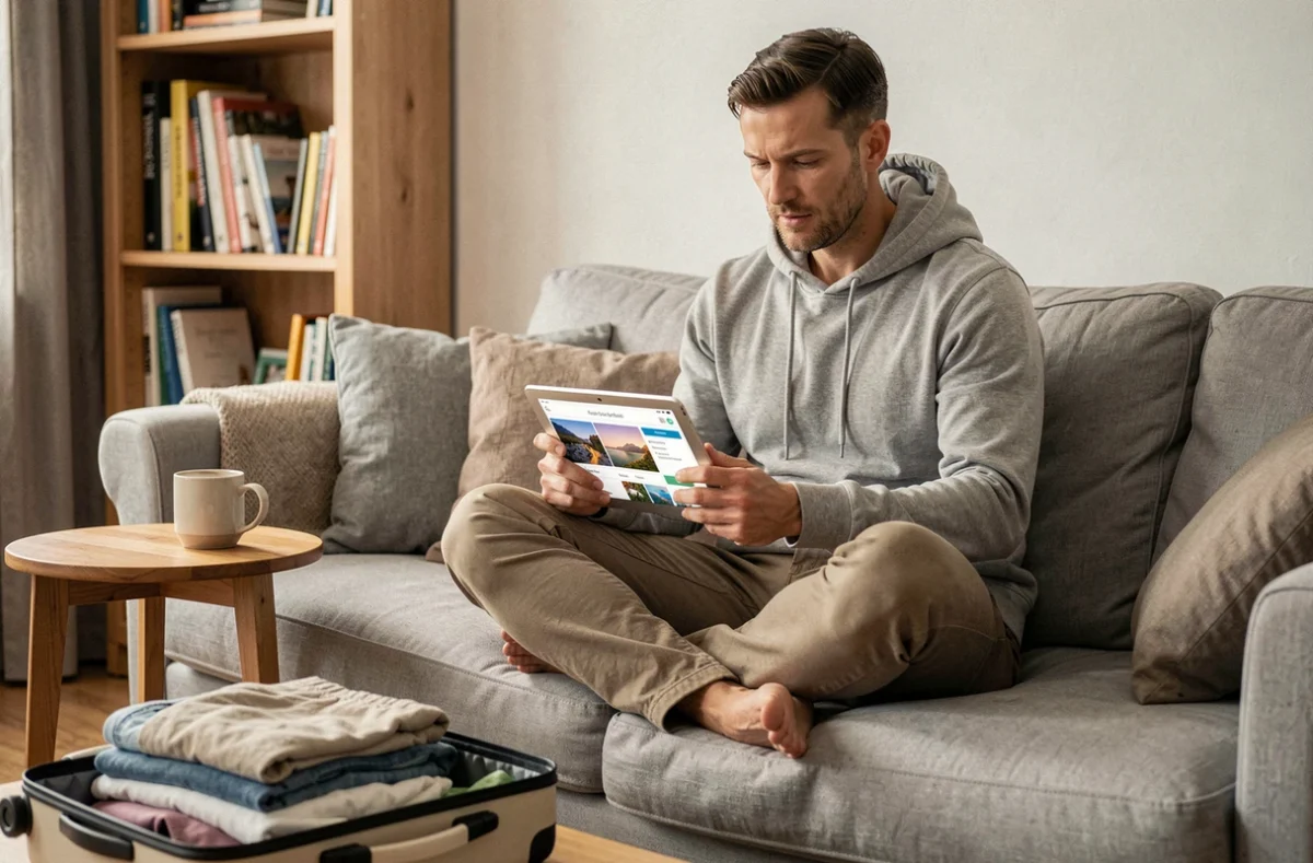 Homme comparant des offres de voyage discount sur tablette avec valise prête pour 2026