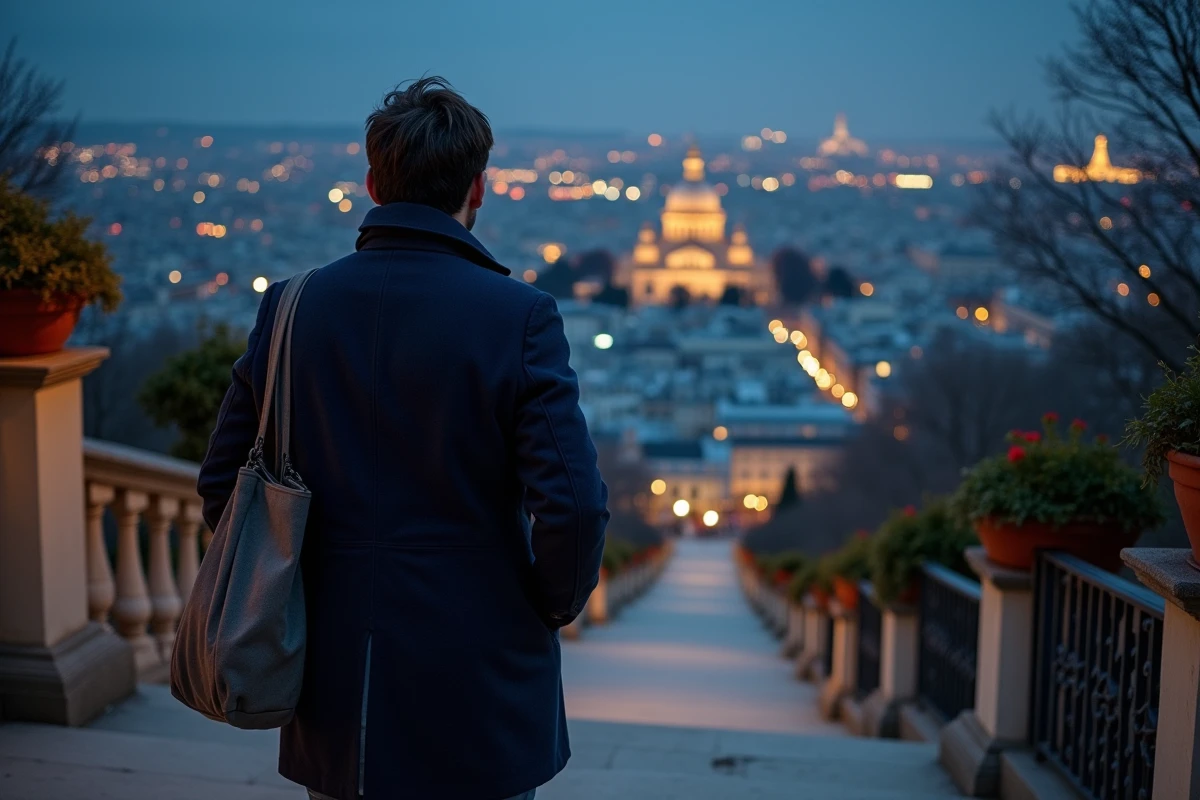 Homme au sommet des escaliers de Montmartre observant le panorama nocturne illuminé de Paris