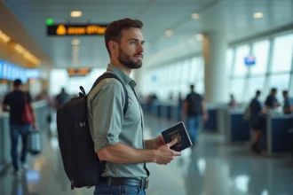 Homme avec passeport à l'aéroport en voyage