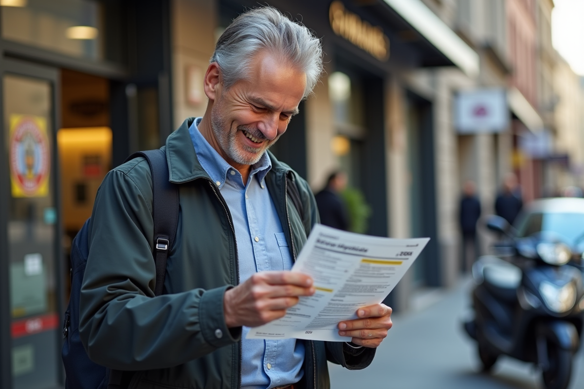 Homme vérifiant son permis de conduire international en extérieur
