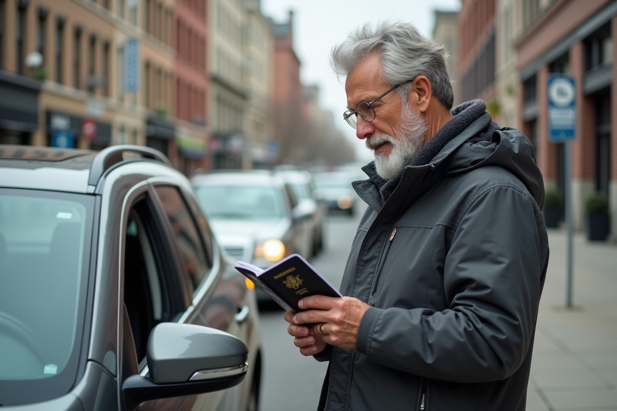 Homme vérifiant son permis de conduire devant une voiture en ville