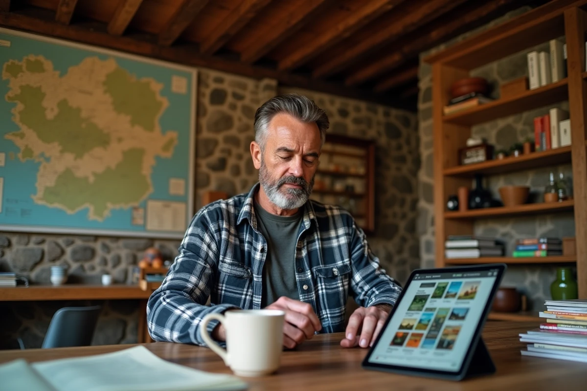 Homme planifiant son séjour en Auvergne sur une tablette dans un intérieur de ferme traditionnelle avec carte du Massif Central