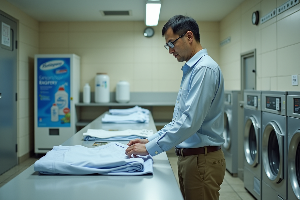 Homme vérifiant un vêtement propre dans la laverie capsule