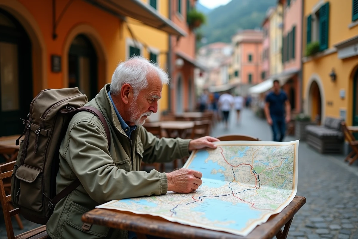 Homme âgé planifiant son itinéraire à Manarola avec une carte