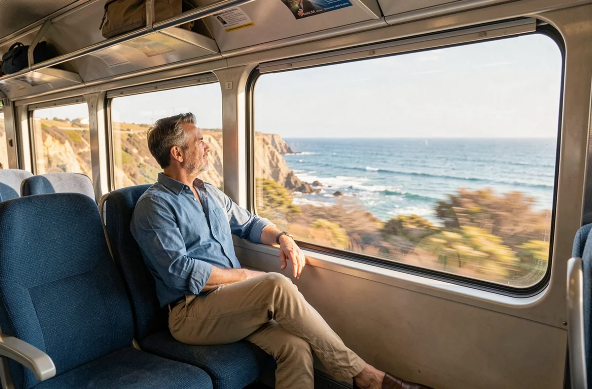 Homme voyageant léger en train longeant la côte californienne entre San Diego et Los Angeles