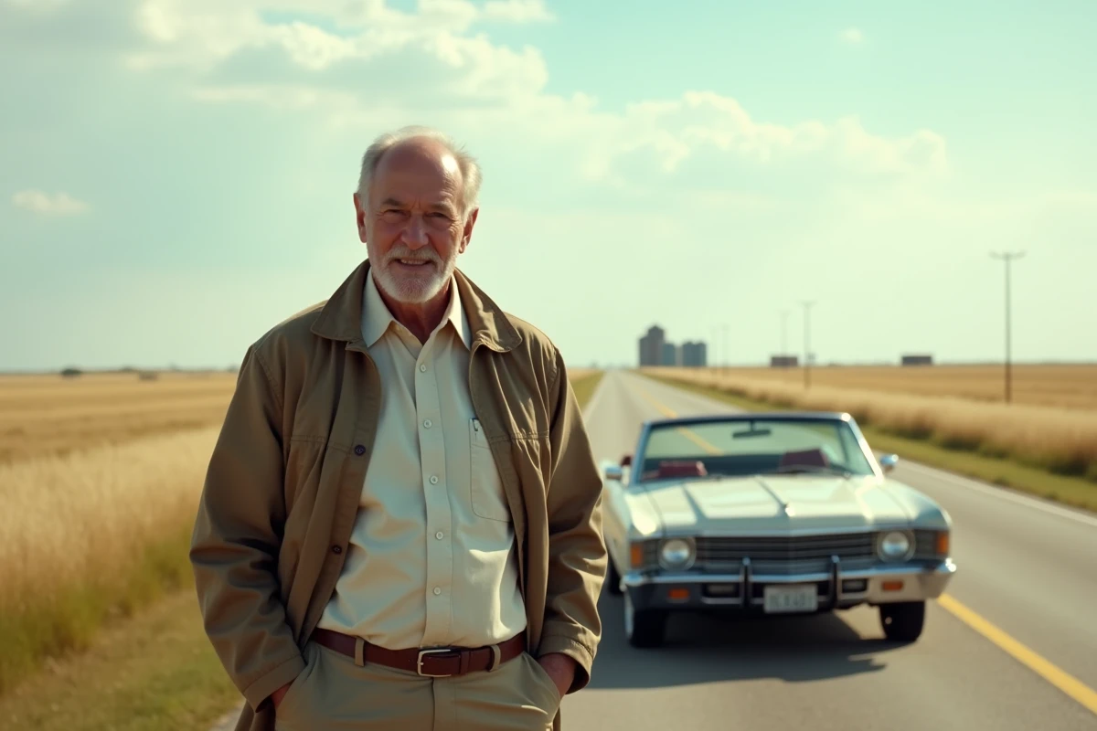 Homme avec voiture ancienne sur route de campagne