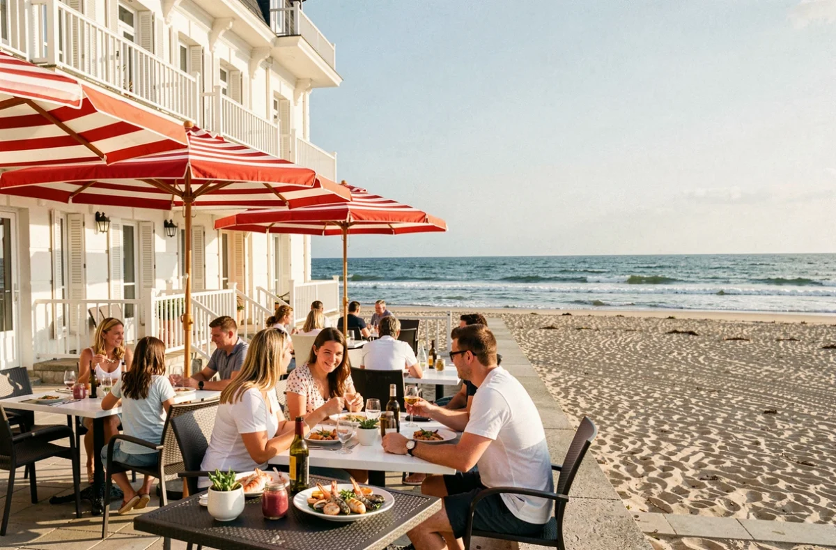 L'Hôtel de la Plage à Saint-Jean-de-Monts avec terrasse restaurant animée face à la plage de l'Atlantique